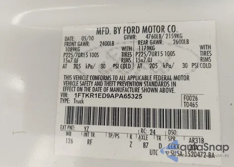 2010 Ford Ranger Xl/Xlt z USA, uszkodzony, nr VIN 1FTKR1ED9APA65325